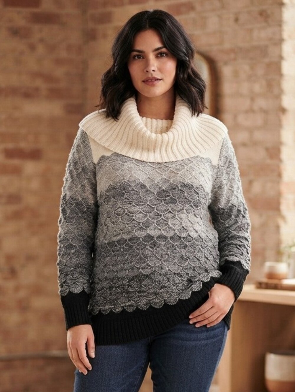 Ruff Hewn Cowl Neck Sweater Cream Grey Black Women's Size 1X
